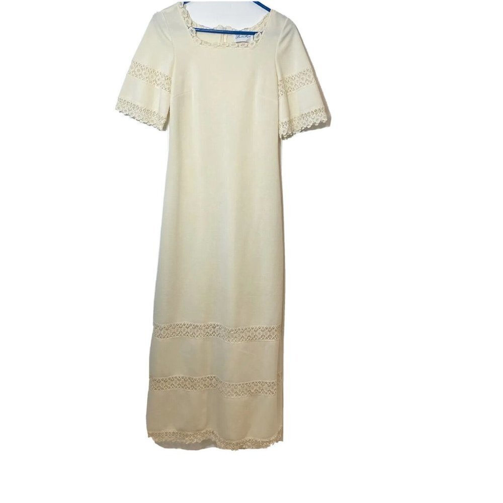 Butte Knit Vintage Short Sleeve Wedding Dress Lace M Ivory Square Neck S 70s 60s